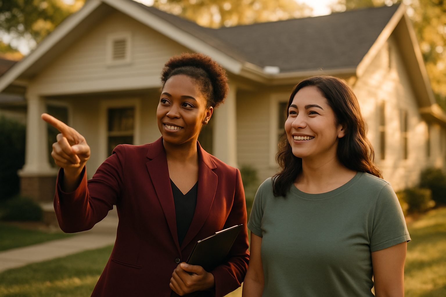 A real estate appraiser points out details on the exterior of a single-family home while the smiling homeowner looks on