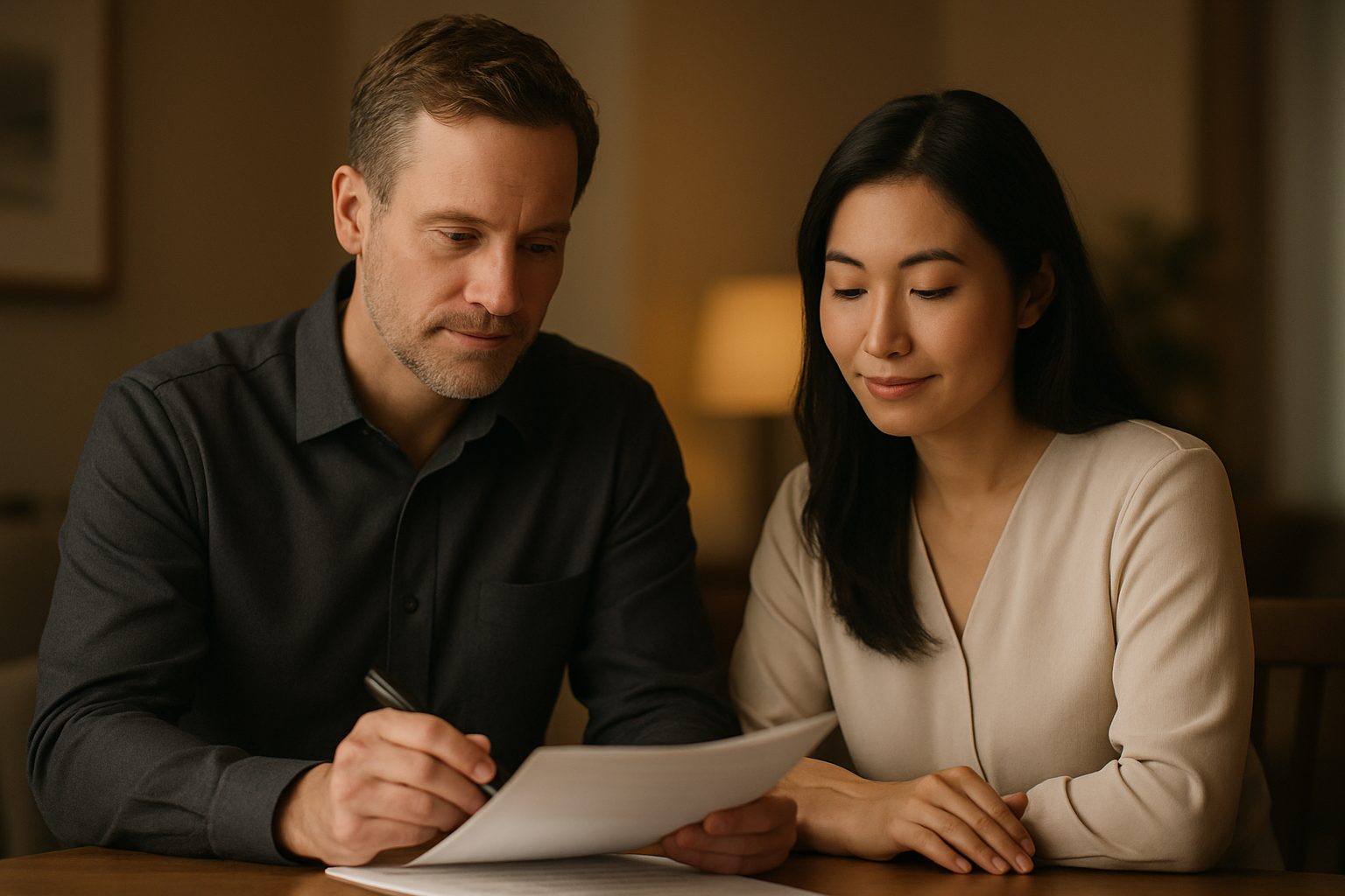 A real estate appraiser and a client sit together calmly reviewing paperwork at a table