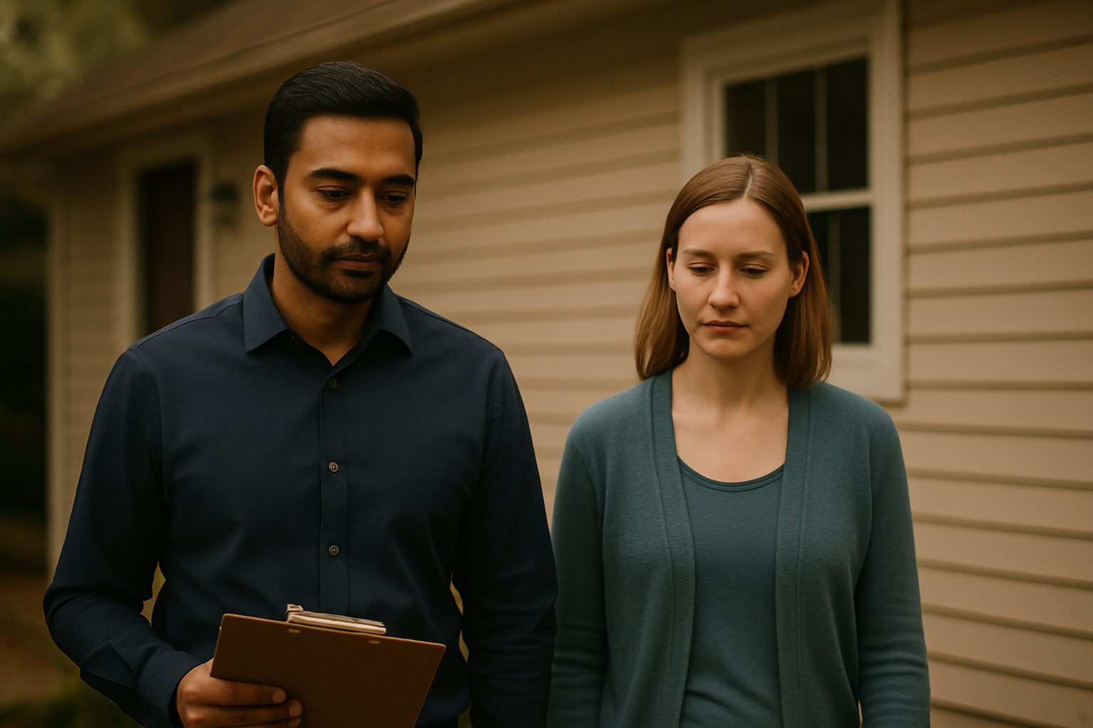 A real estate appraiser and a client walk along the exterior of a house in a calm, professional conversation