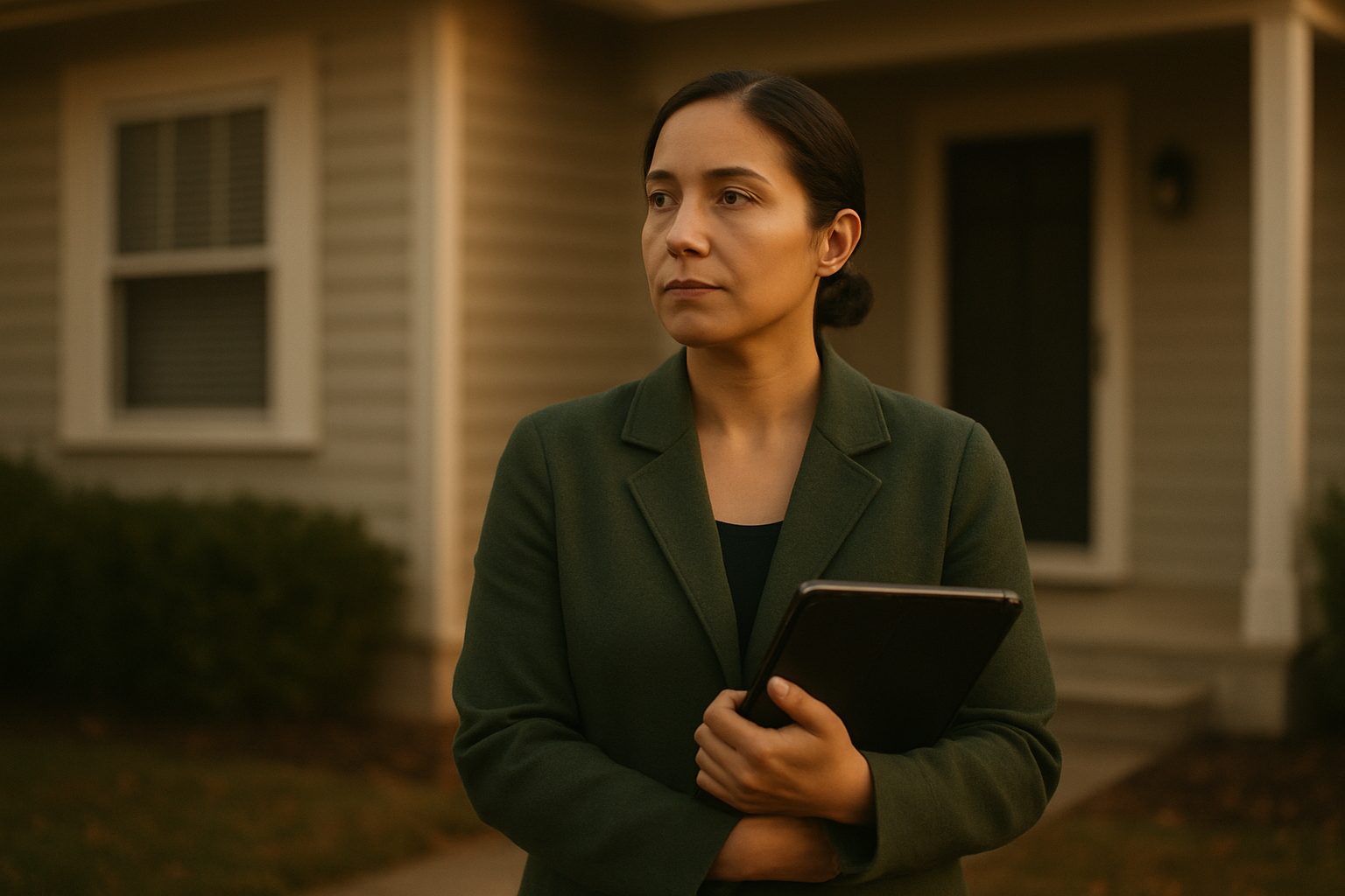A real estate appraiser stands at the exterior of a quiet, well-kept house holding a tablet