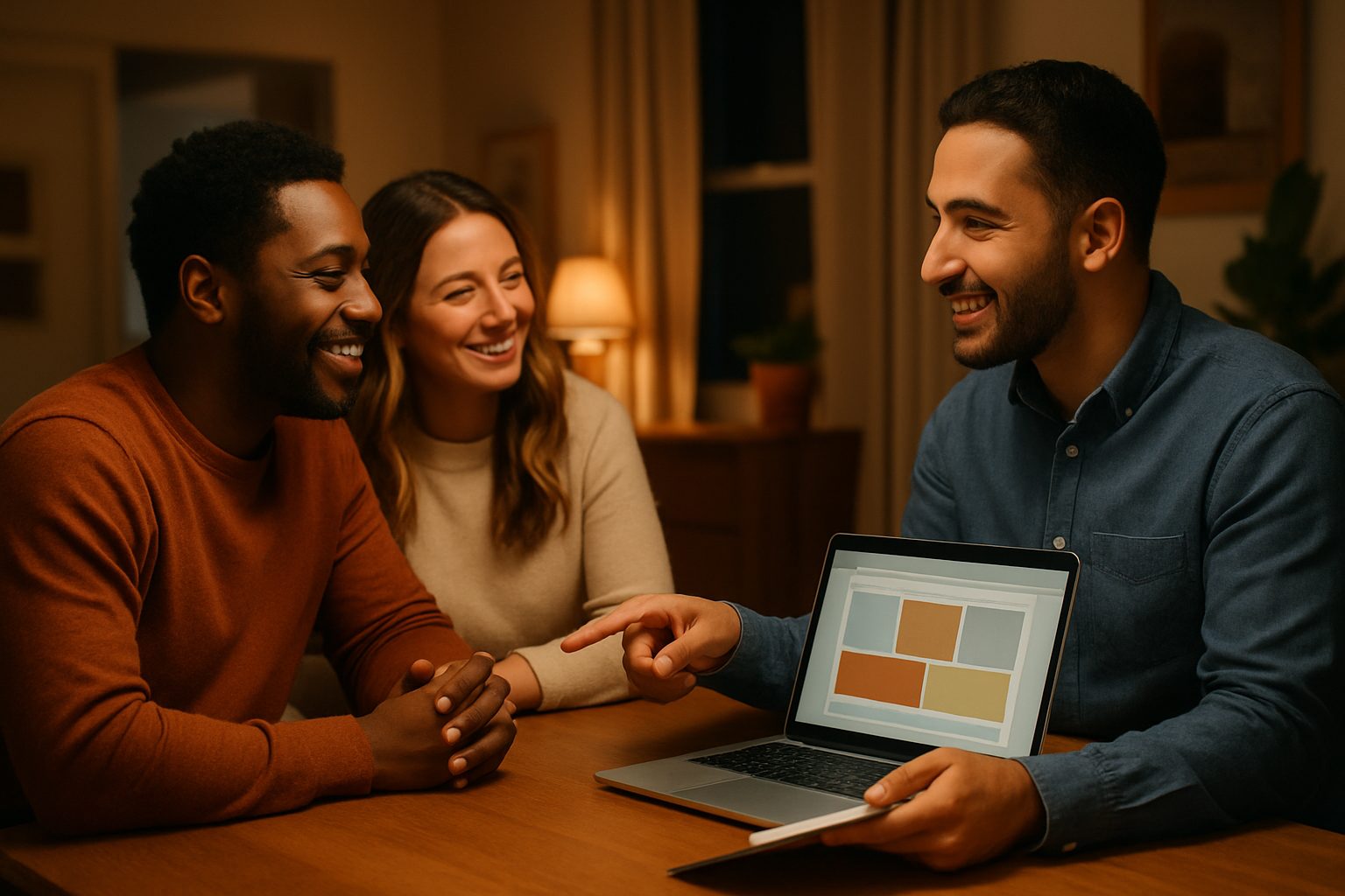 A homeowner couple smile while an appraiser explains details on a laptop screen at their dining table