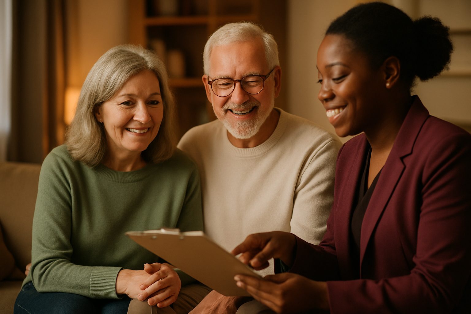 A senior homeowner couple sit comfortably in their living room while an appraiser explains paperwork to them