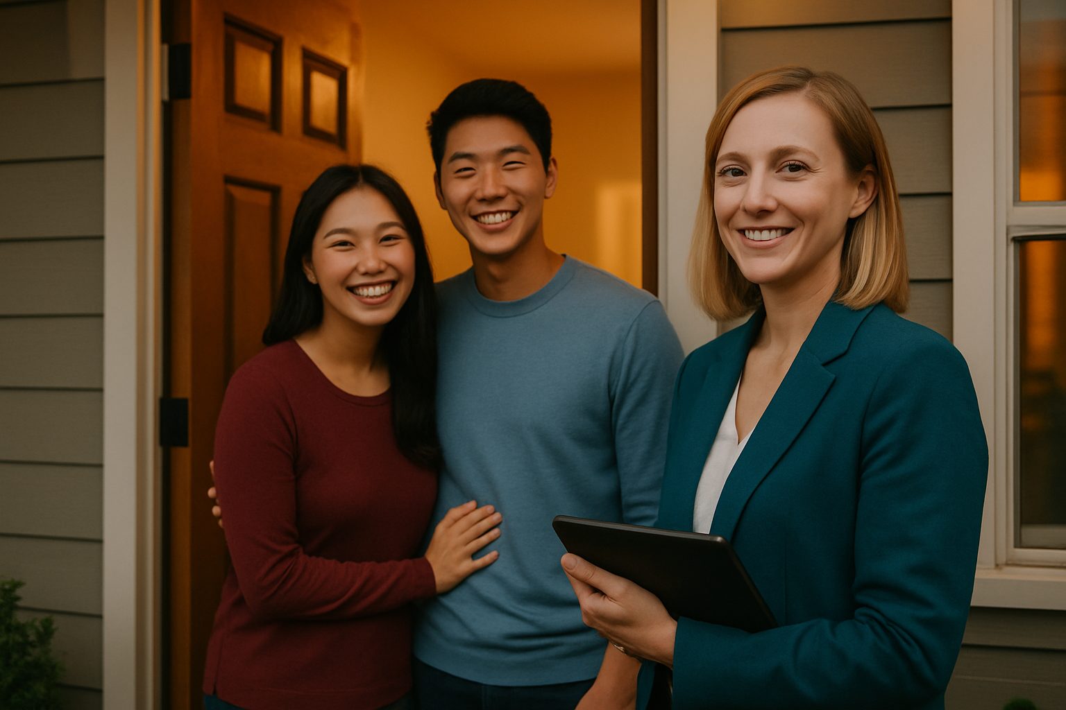 A young couple stand happily at the front door of their new home with their real estate appraiser