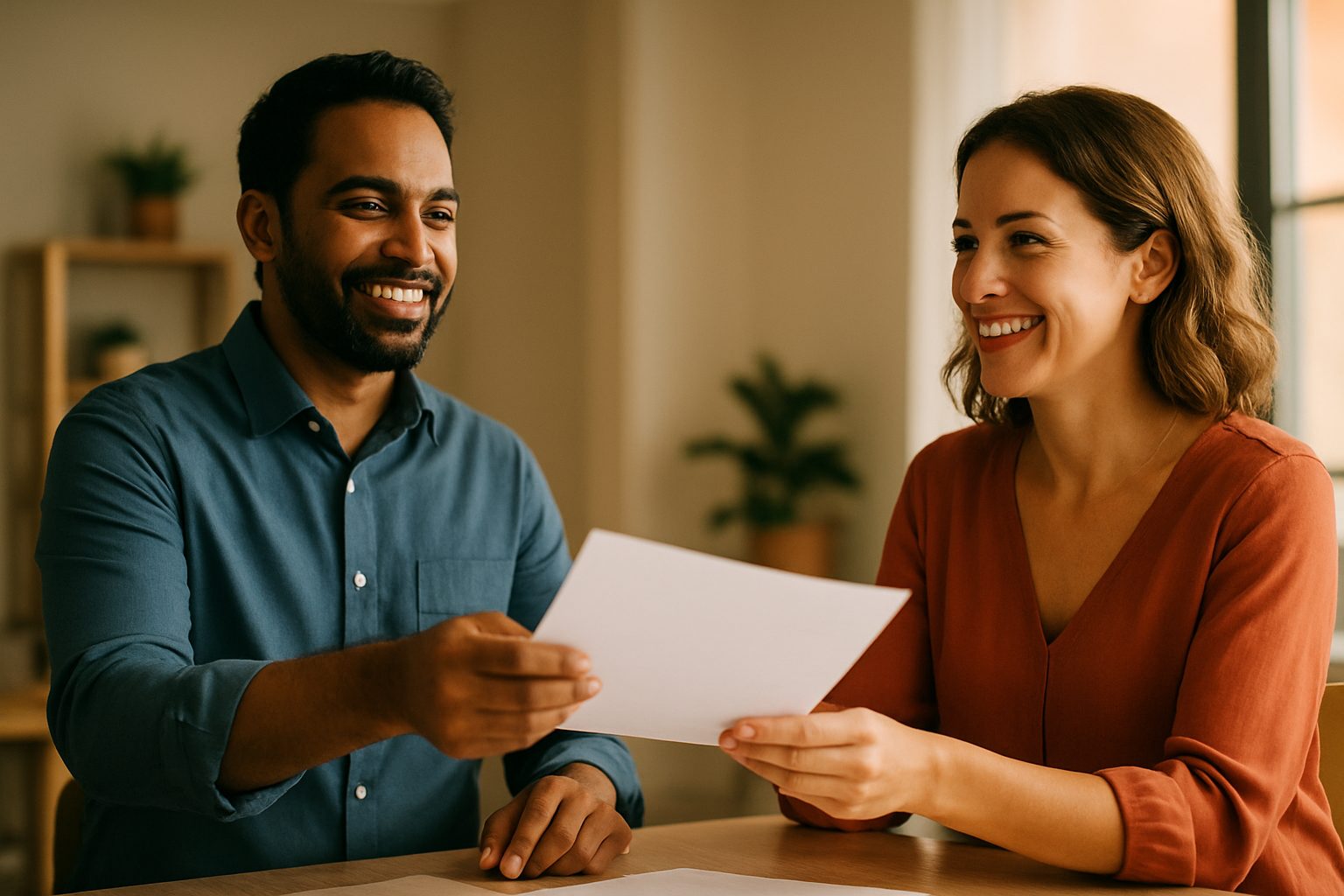 A real estate appraiser hands a printed invoice to a smiling client in an office setting