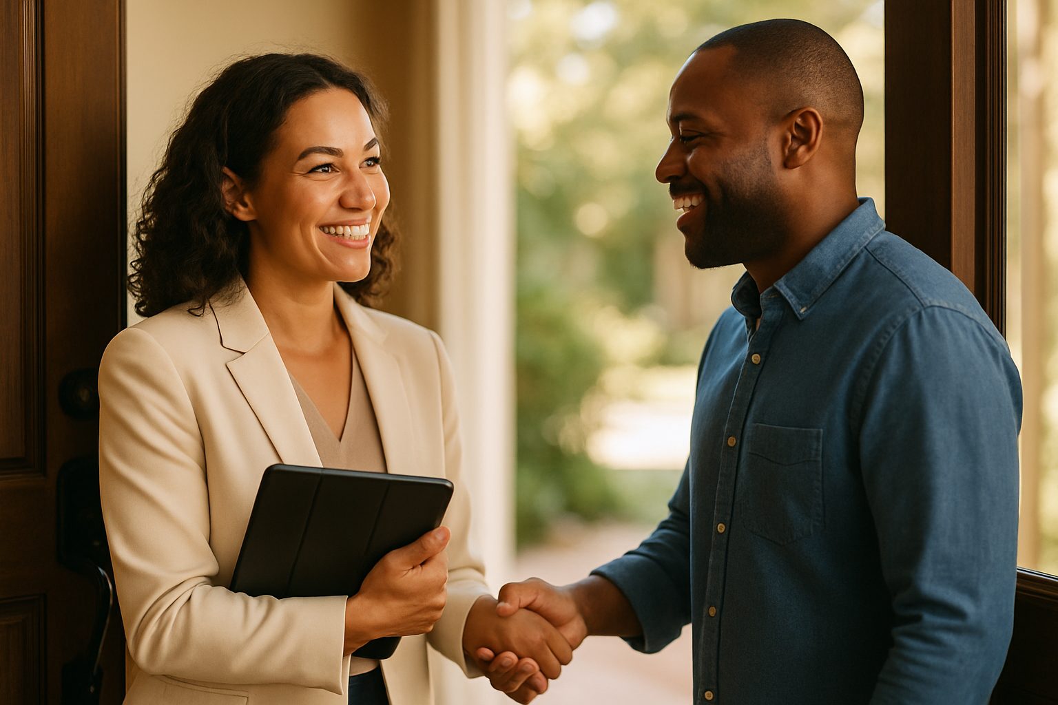 A real estate appraiser greets a smiling homeowner at his front door with a tablet in hand