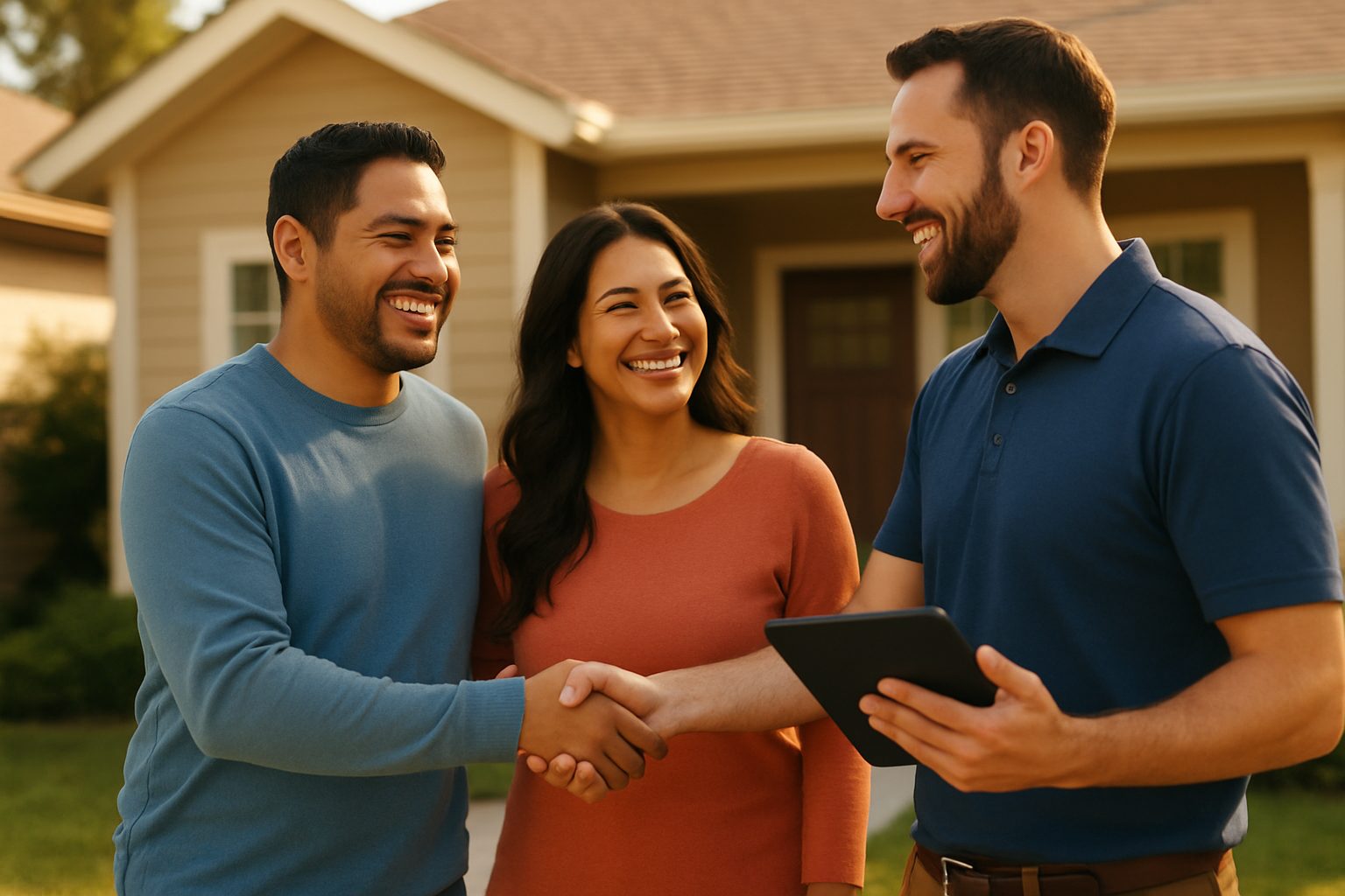 A smiling homeowner couple shake hands with a real estate appraiser in front of their home