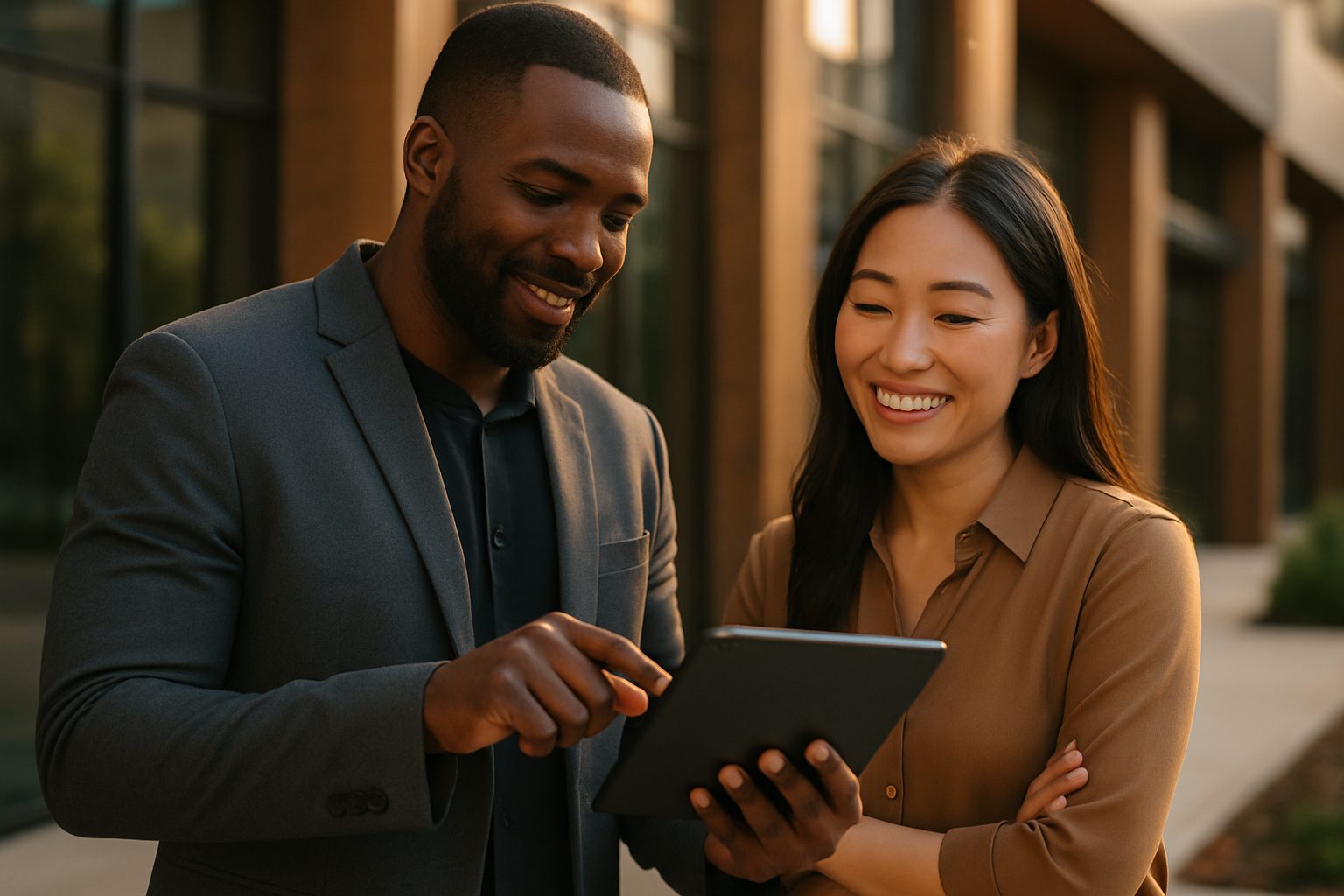 A real estate appraiser reviews a tablet with a business owner outside a commercial office building