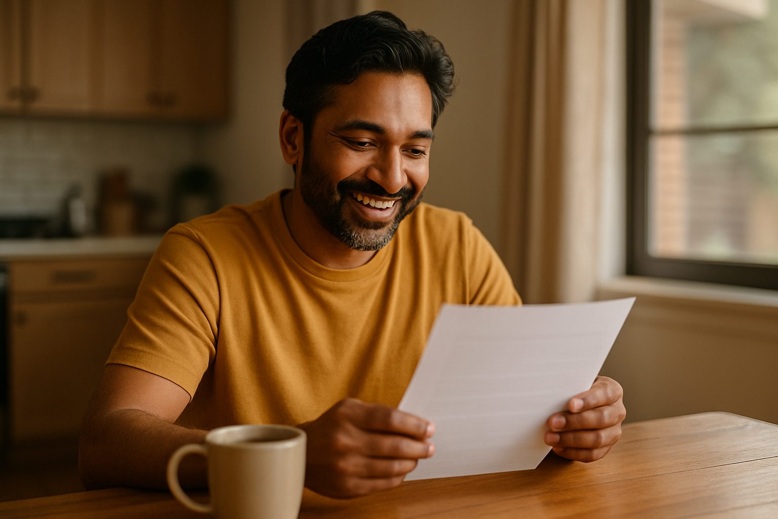 A relieved homeowner sits at a kitchen table smiling while reviewing a printed appraisal report