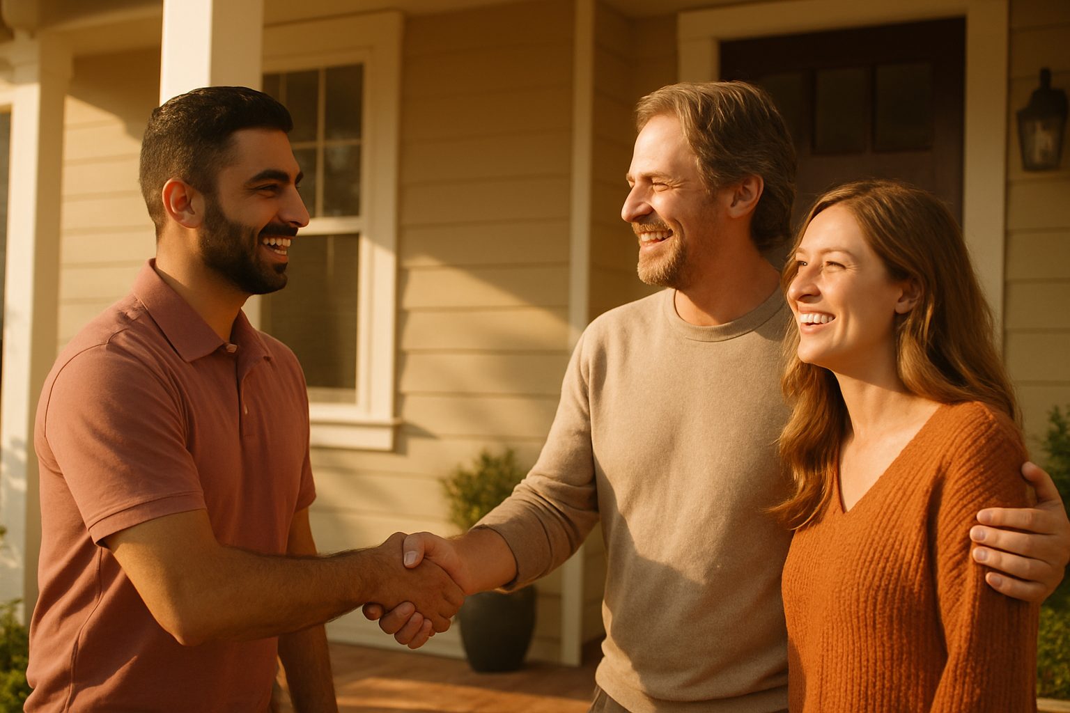 A real estate appraiser shakes hands with a smiling homeowner couple on their front porch
