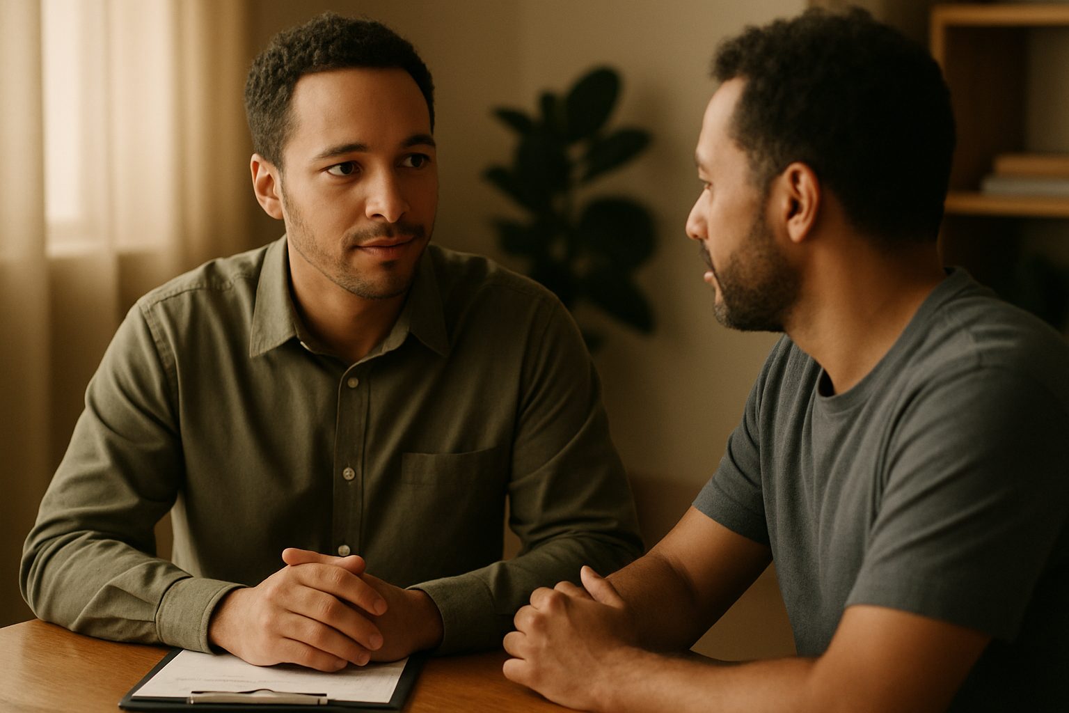 A real estate appraiser has a calm, professional conversation with a client at an office desk